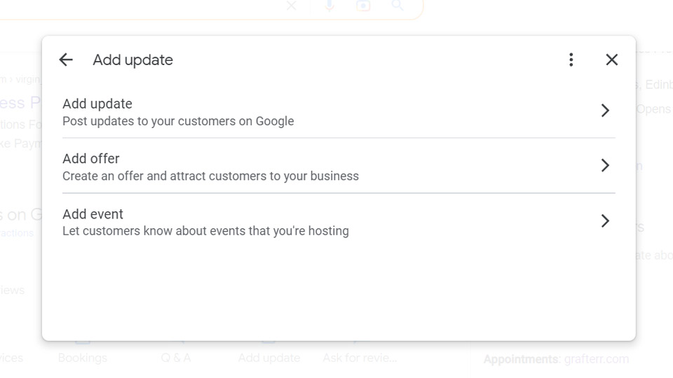 'Add update' interface accessible from within Google Business Profile