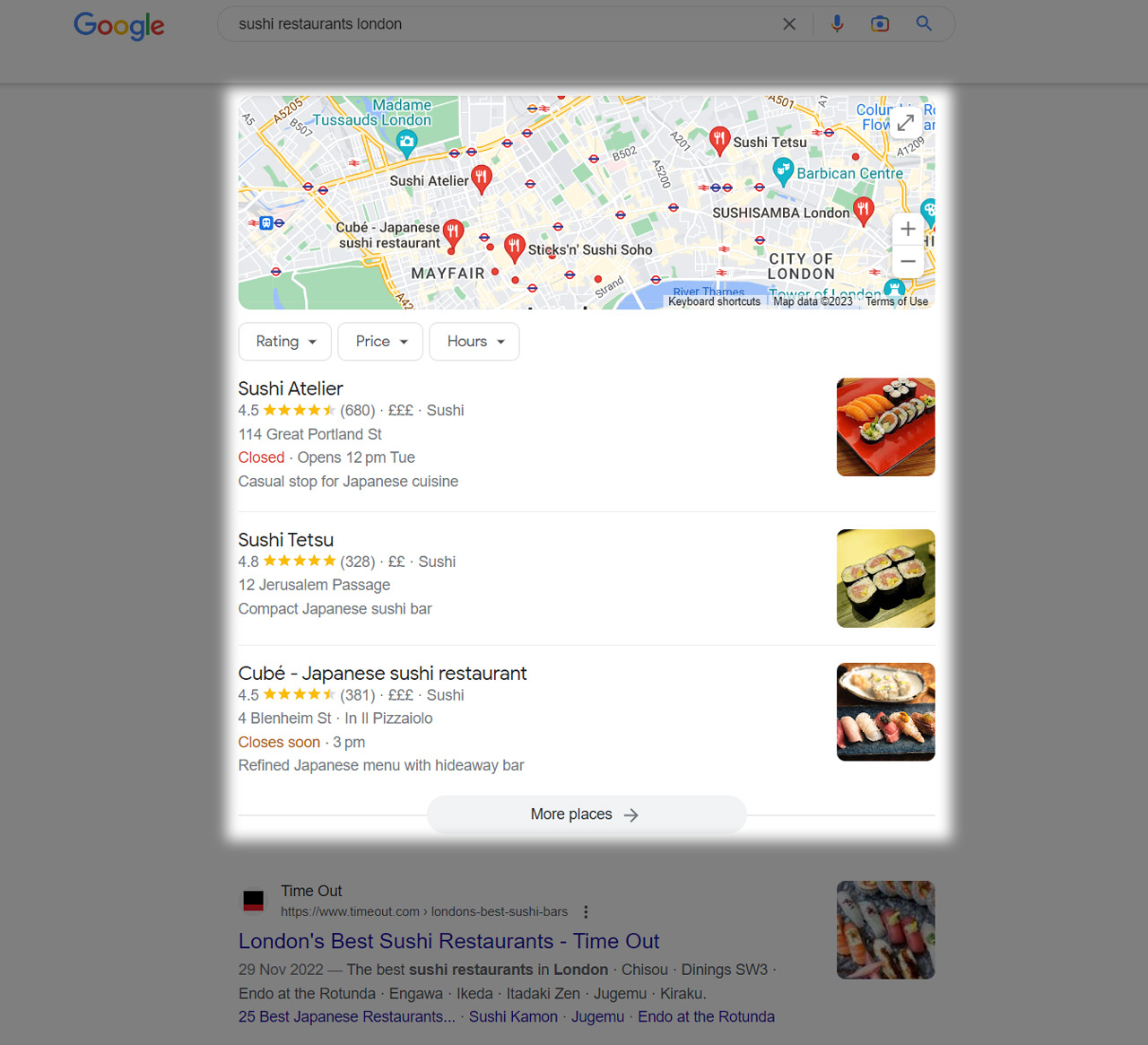 Google local map pack for sushi restaurants in London