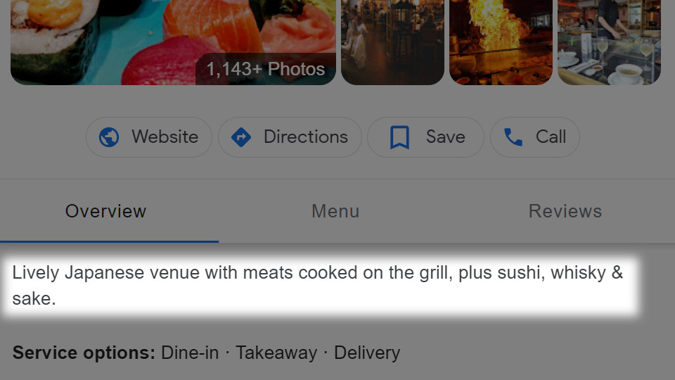 A keyword-rich description of a Japanese restaurant inside Google Maps