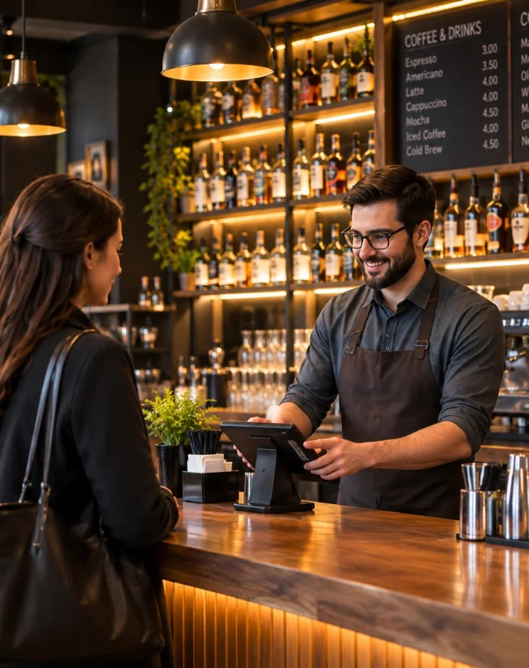 Staff taking orders and payments at the bar counter